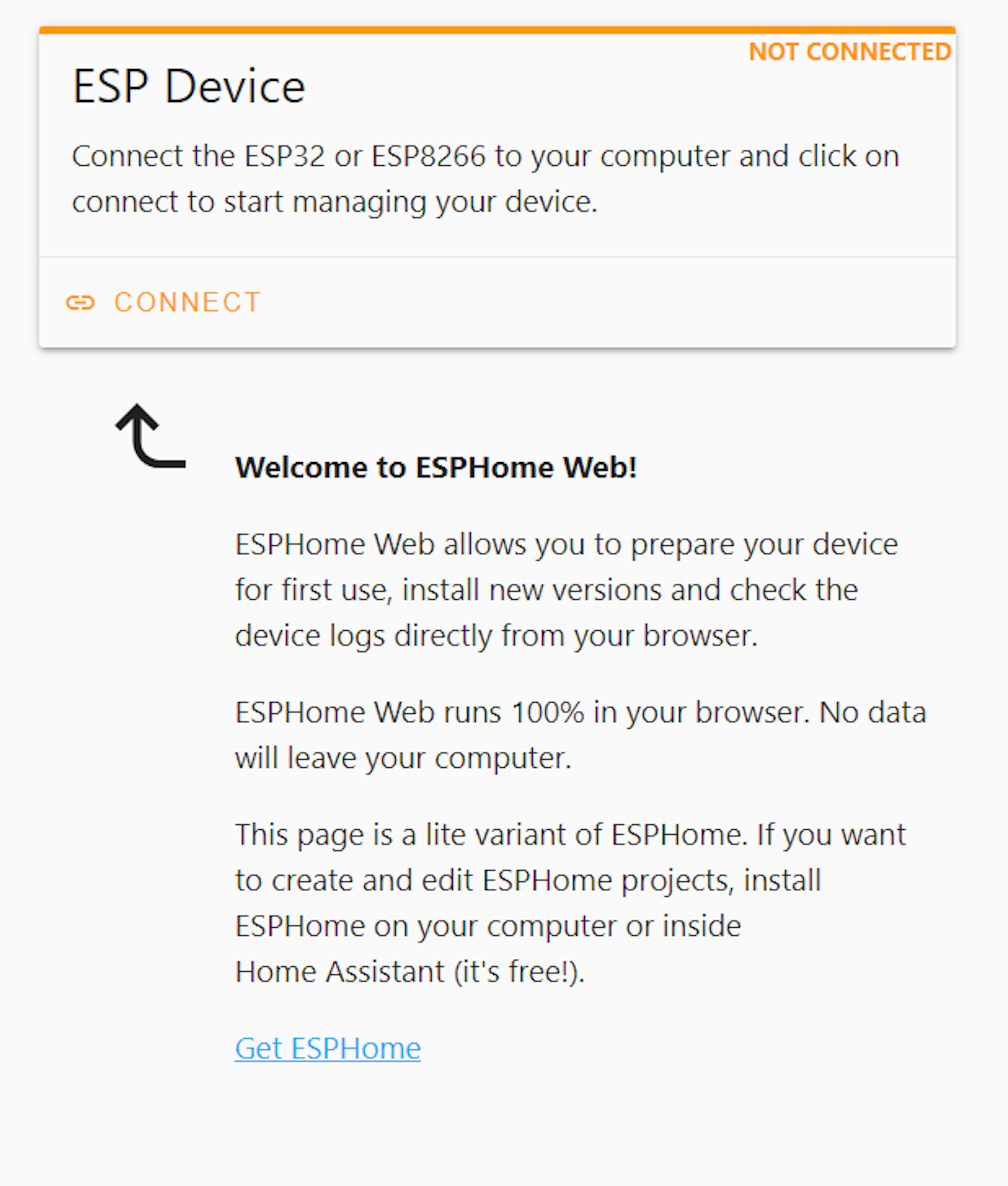 ESPHome Webinstaller Welcome Screen