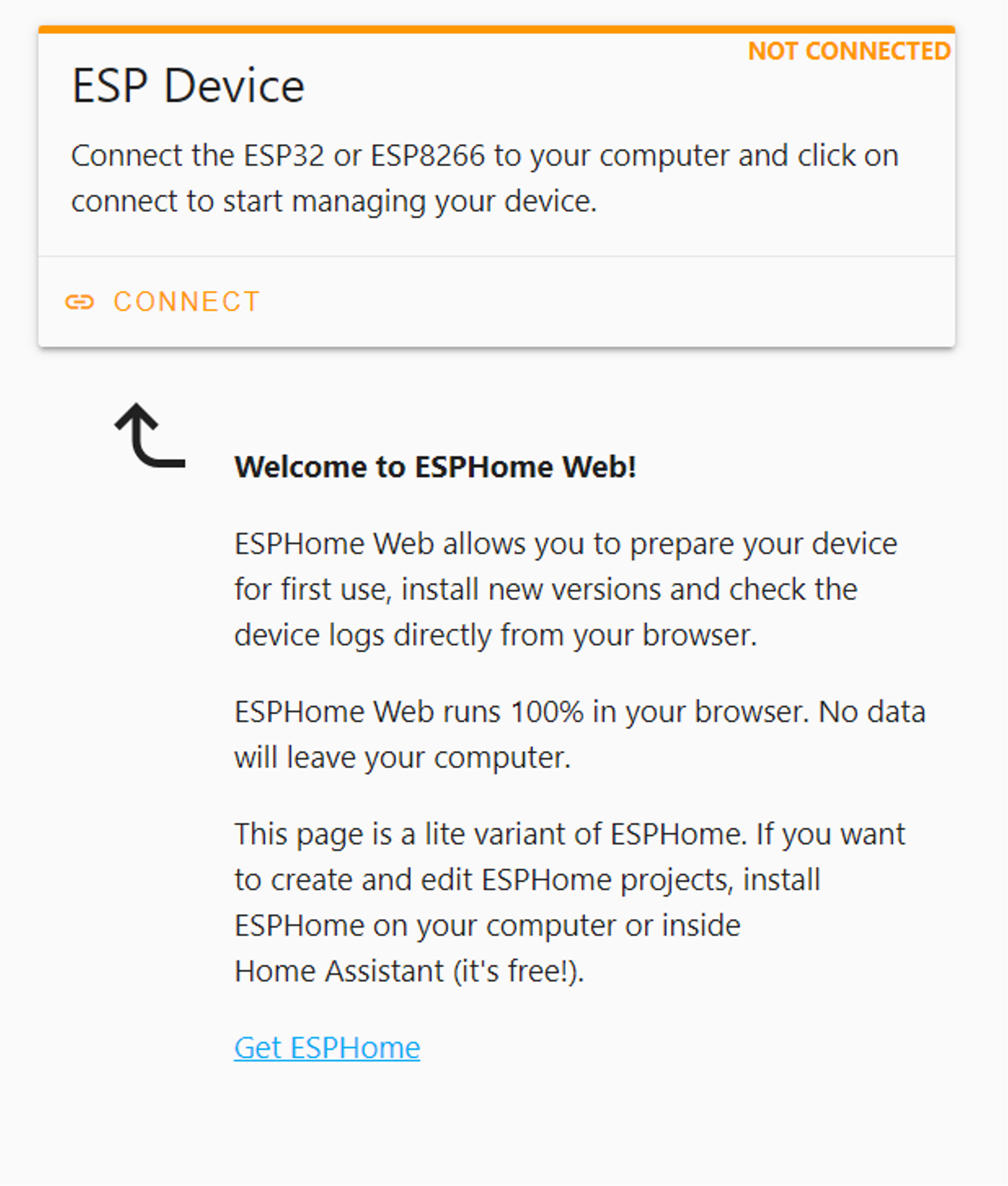 ESPHome Webinstaller Welcome Screen